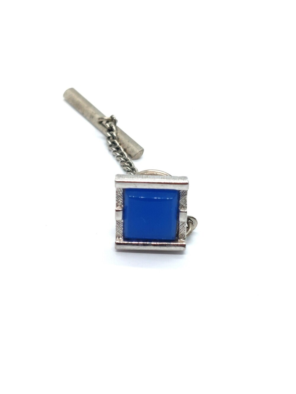 Blue Square Pin Silver Tie Chain Modern Retro Menswear Vintage Brooch